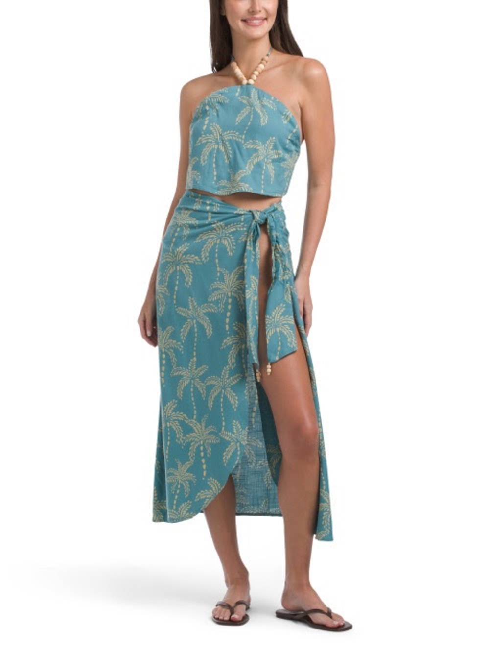 Teal Palm-Print Tie Skirt Swim Cover-Up Set